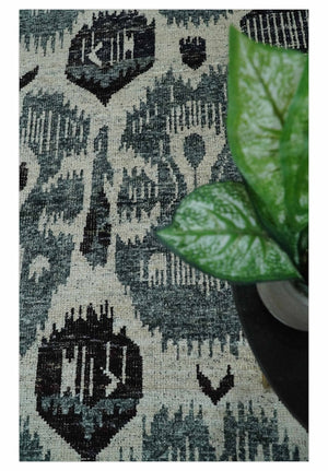 8x10 Hand Knotted Ivory, Teal and Black Antique Persian Style Contemporary Recycled Silk Area Rug | OP39