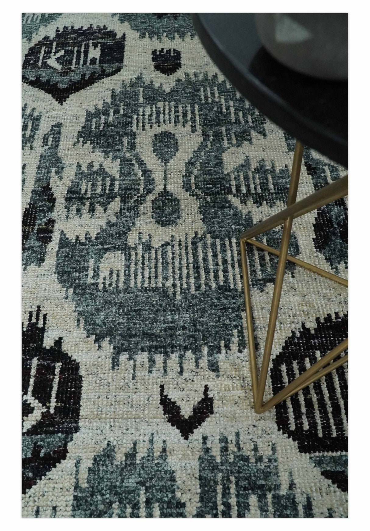 8x10 Hand Knotted Ivory, Teal and Black Antique Persian Style Contemporary Recycled Silk Area Rug | OP39