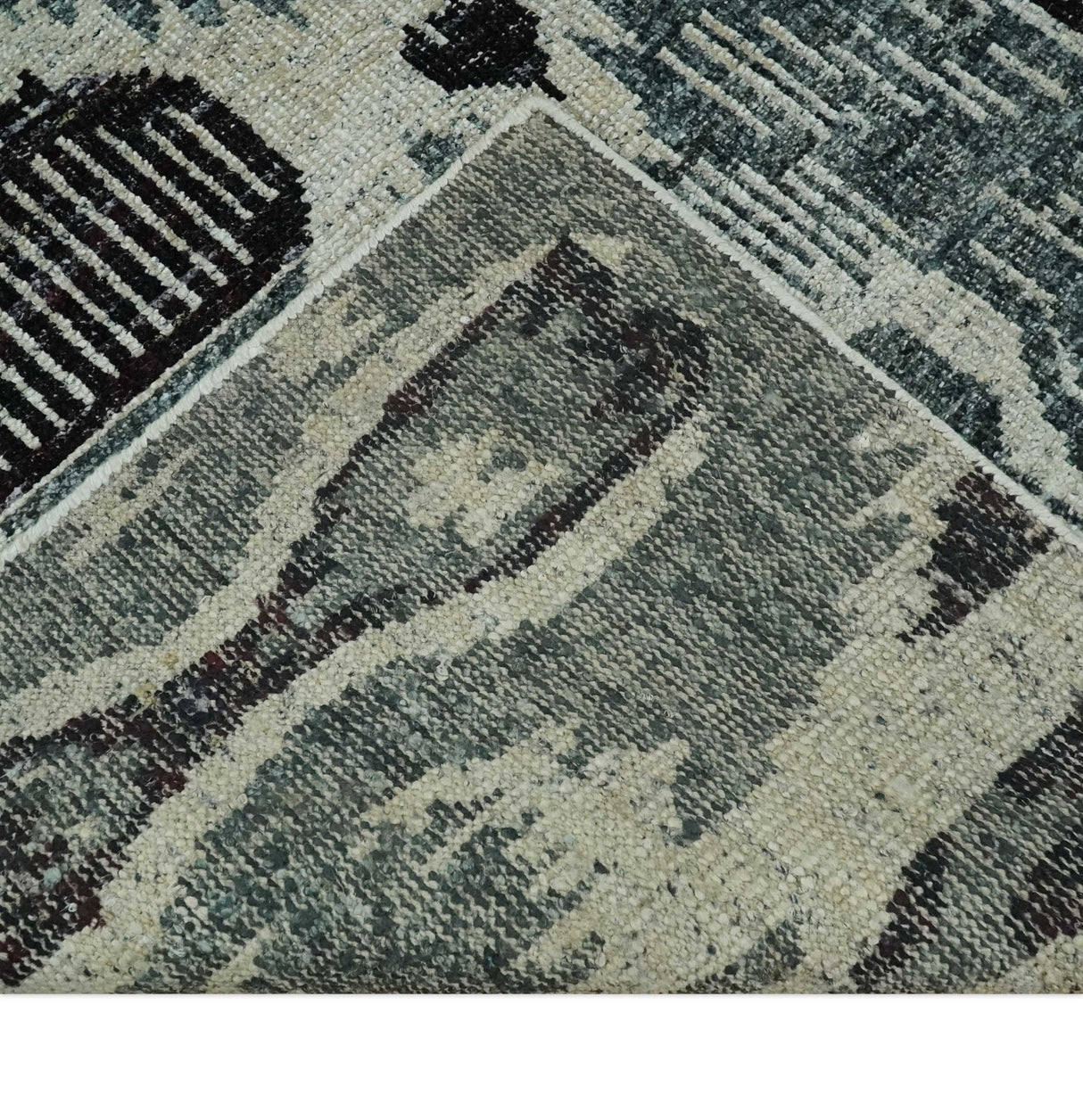 8x10 Hand Knotted Ivory, Teal and Black Antique Persian Style Contemporary Recycled Silk Area Rug | OP39
