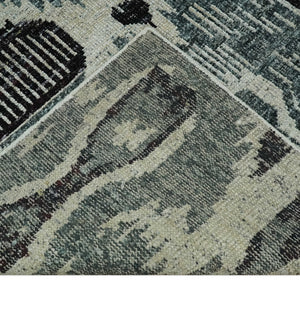 8x10 Hand Knotted Ivory, Teal and Black Antique Persian Style Contemporary Recycled Silk Area Rug | OP39