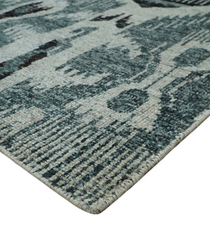 8x10 Hand Knotted Ivory, Teal and Black Antique Persian Style Contemporary Recycled Silk Area Rug | OP39