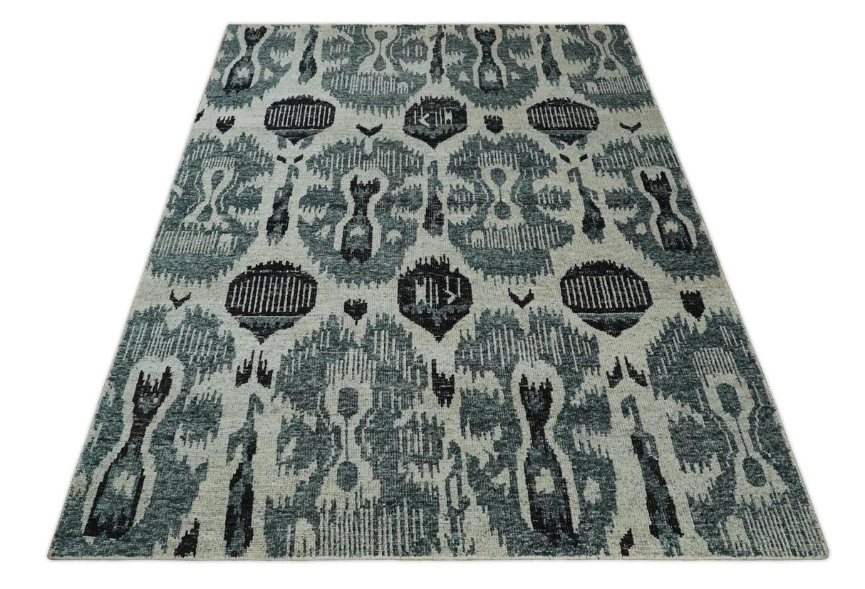 8x10 Hand Knotted Ivory, Teal and Black Antique Persian Style Contemporary Recycled Silk Area Rug | OP39