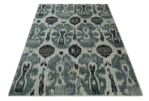 8x10 Hand Knotted Ivory, Teal and Black Antique Persian Style Contemporary Recycled Silk Area Rug | OP39