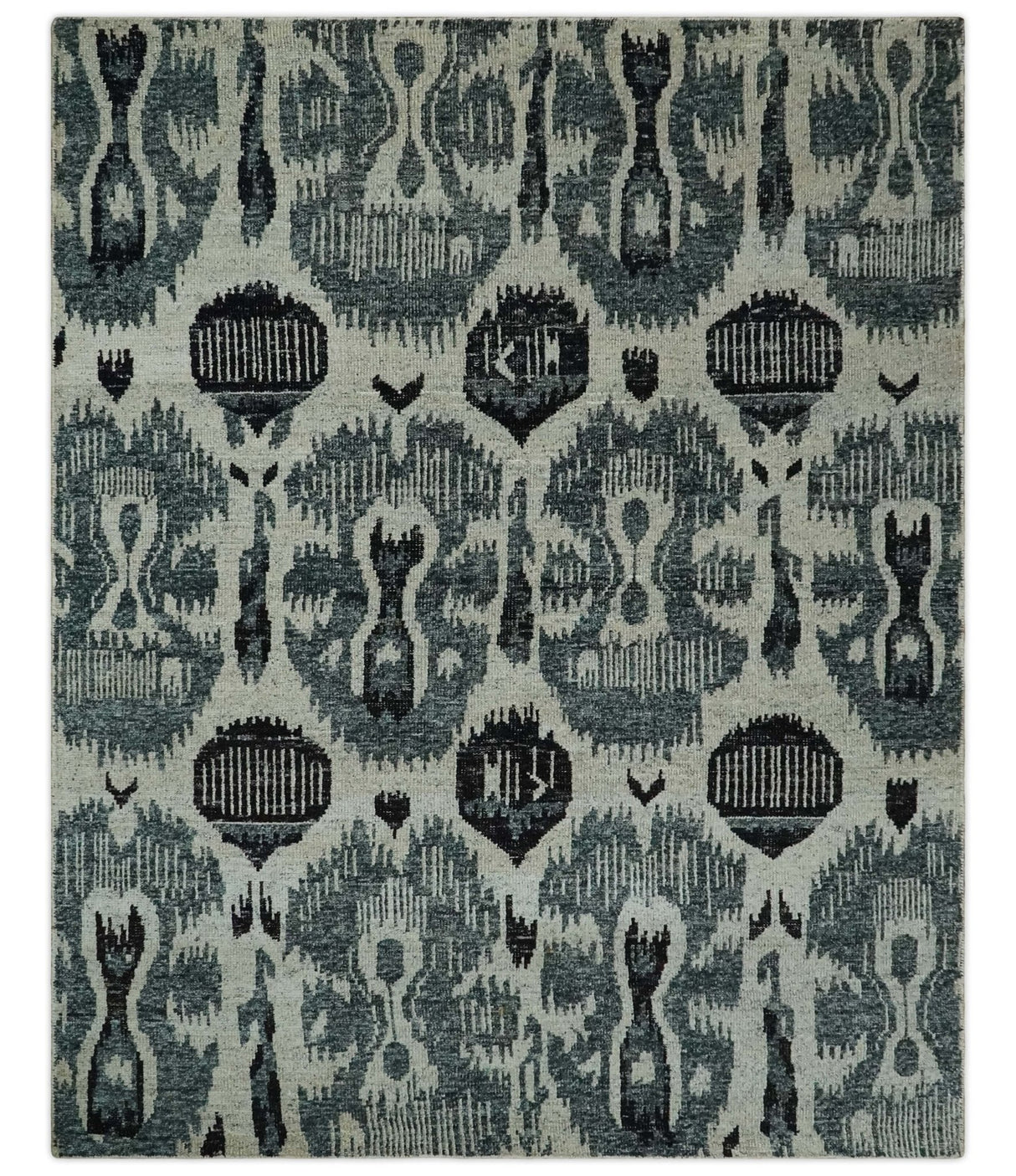8x10 Hand Knotted Ivory, Teal and Black Antique Persian Style Contemporary Recycled Silk Area Rug | OP39