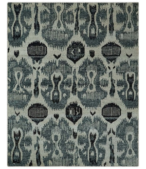 8x10 Hand Knotted Ivory, Teal and Black Antique Persian Style Contemporary Recycled Silk Area Rug | OP39