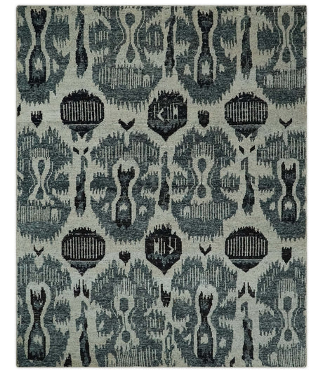 8x10 Hand Knotted Ivory, Teal and Black Antique Persian Style Contemporary Recycled Silk Area Rug | OP39