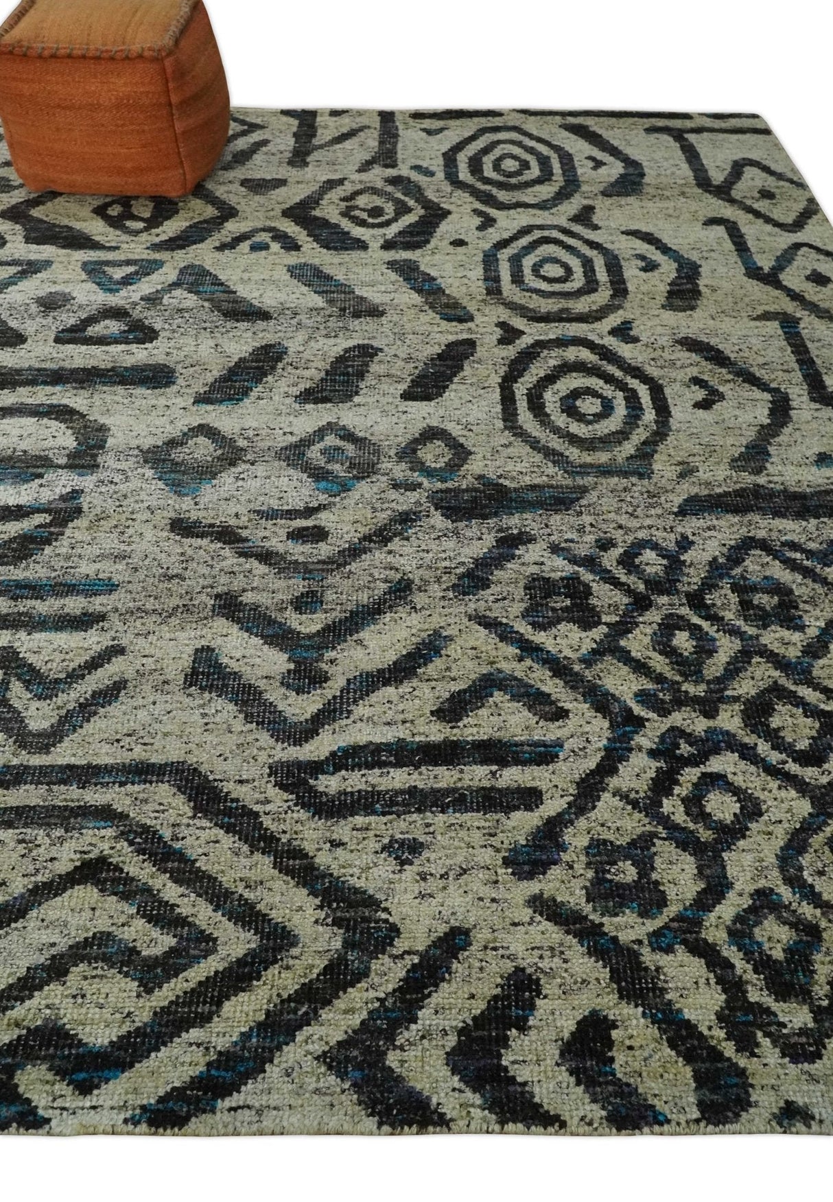 8x10 Hand Knotted Ivory and Charcoal Modern Tribal Style Contemporary Recycled Silk Area Rug | OP49