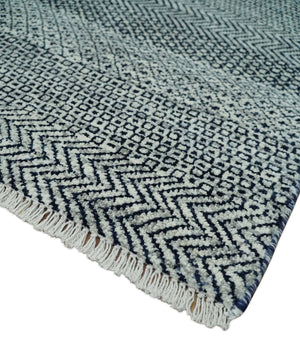8x10 Hand Knotted Modern Geometric Trellis Scandinavian Blue, Ivory and Silver Wool Area Rug | TRDCP938810
