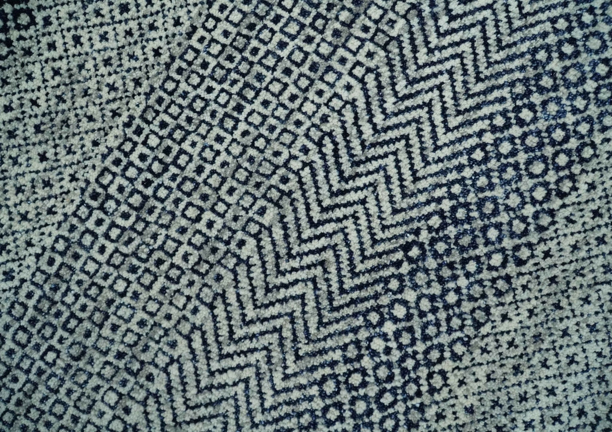 8x10 Hand Knotted Modern Geometric Trellis Scandinavian Blue, Ivory and Silver Wool Area Rug | TRDCP938810
