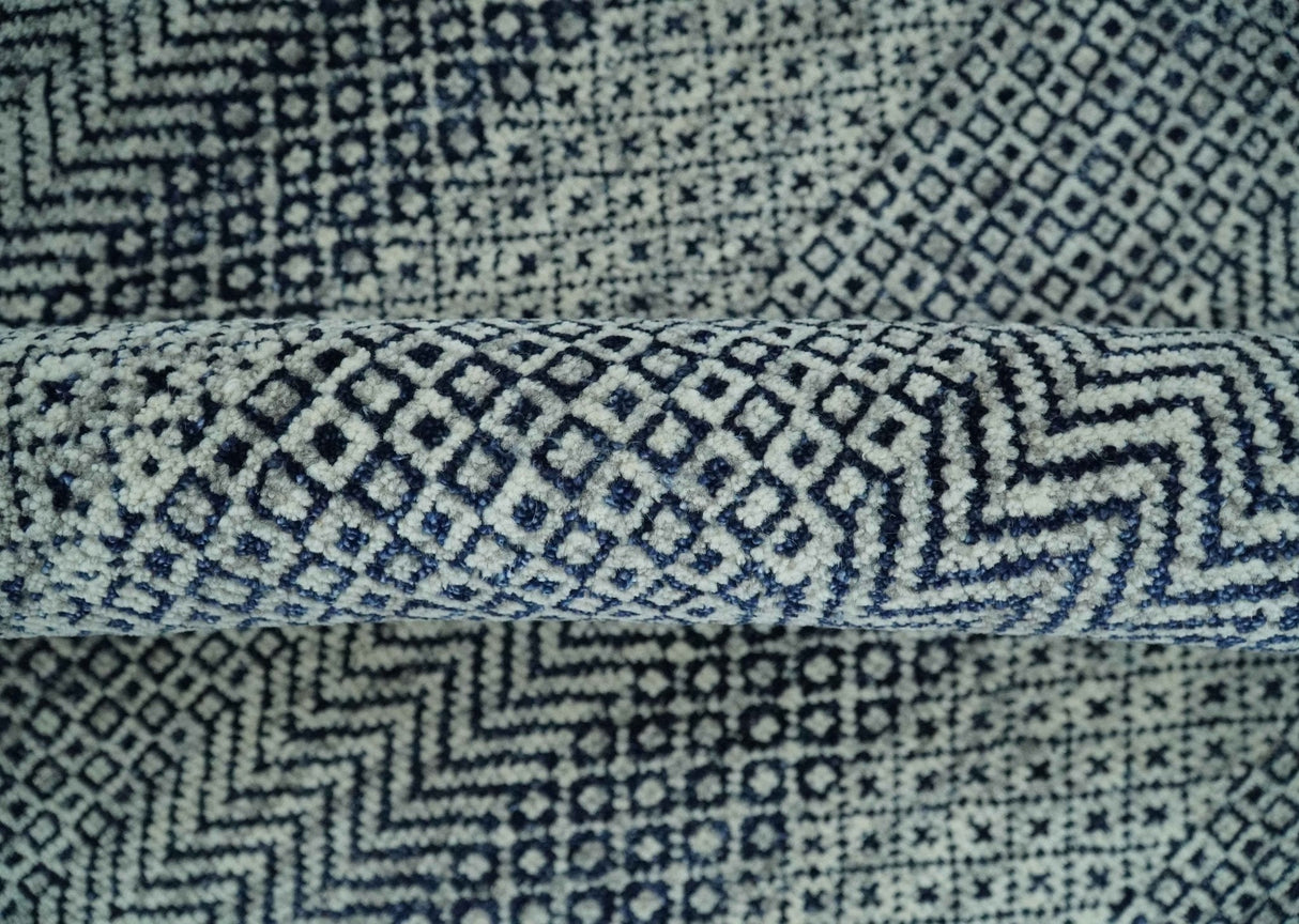 8x10 Hand Knotted Modern Geometric Trellis Scandinavian Blue, Ivory and Silver Wool Area Rug | TRDCP938810
