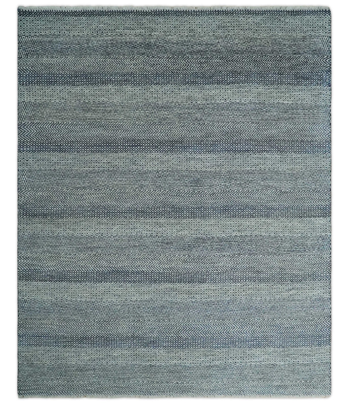 8x10 Hand Knotted Modern Geometric Trellis Scandinavian Blue, Ivory and Silver Wool Area Rug | TRDCP938810