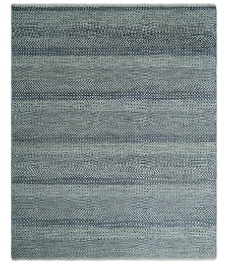 8x10 Hand Knotted Modern Geometric Trellis Scandinavian Blue, Ivory and Silver Wool Area Rug | TRDCP938810