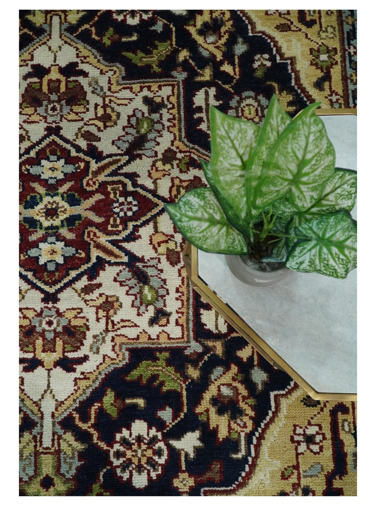 8x10 Hand Knotted Navy Blue, Ivory and Rust Traditional Vintage Heriz Serapi Antique Wool Rug | TRDCP559810