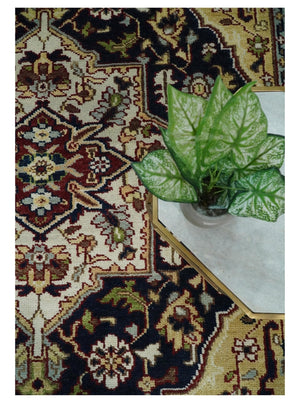 8x10 Hand Knotted Navy Blue, Ivory and Rust Traditional Vintage Heriz Serapi Antique Wool Rug | TRDCP559810