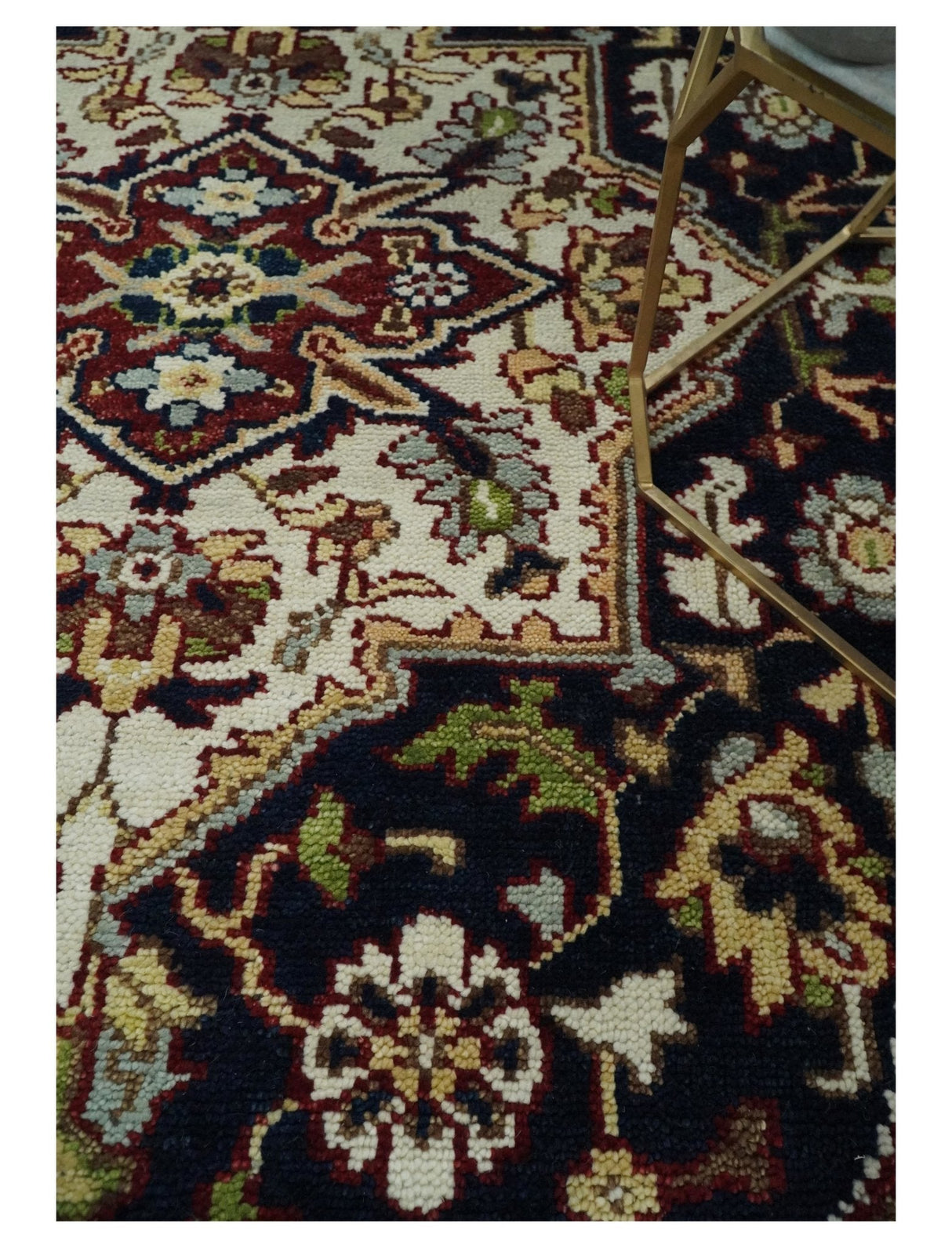 8x10 Hand Knotted Navy Blue, Ivory and Rust Traditional Vintage Heriz Serapi Antique Wool Rug | TRDCP559810