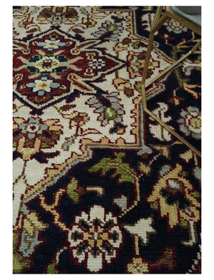 8x10 Hand Knotted Navy Blue, Ivory and Rust Traditional Vintage Heriz Serapi Antique Wool Rug | TRDCP559810