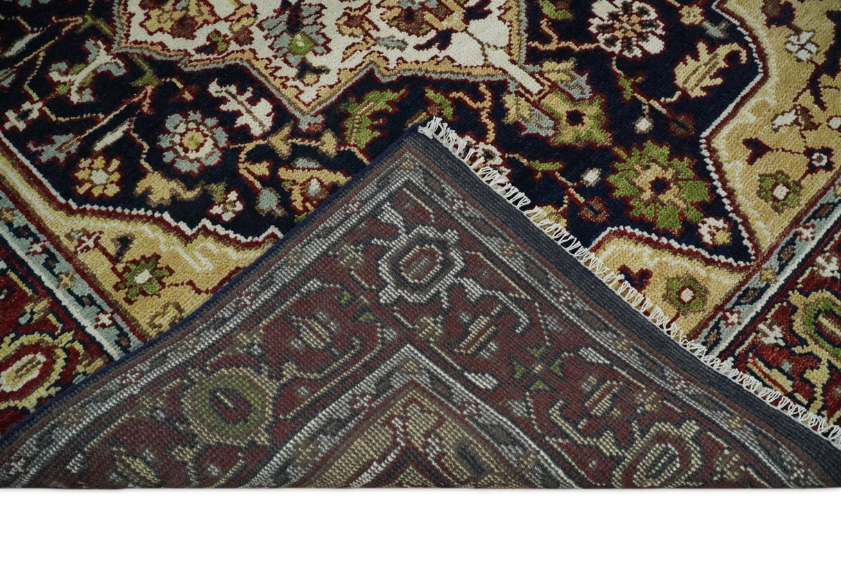 8x10 Hand Knotted Navy Blue, Ivory and Rust Traditional Vintage Heriz Serapi Antique Wool Rug | TRDCP559810
