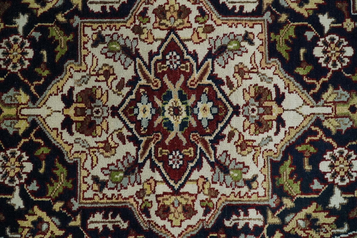 8x10 Hand Knotted Navy Blue, Ivory and Rust Traditional Vintage Heriz Serapi Antique Wool Rug | TRDCP559810