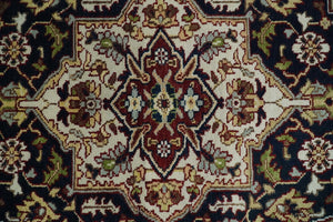 8x10 Hand Knotted Navy Blue, Ivory and Rust Traditional Vintage Heriz Serapi Antique Wool Rug | TRDCP559810