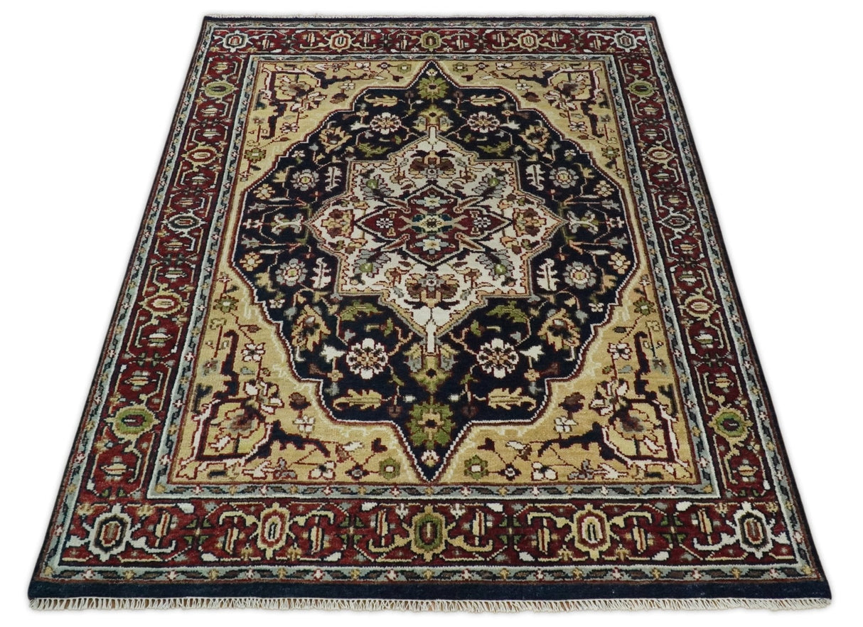 8x10 Hand Knotted Navy Blue, Ivory and Rust Traditional Vintage Heriz Serapi Antique Wool Rug | TRDCP559810