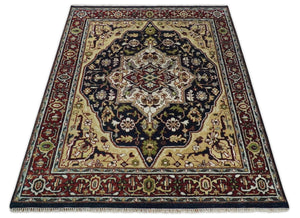 8x10 Hand Knotted Navy Blue, Ivory and Rust Traditional Vintage Heriz Serapi Antique Wool Rug | TRDCP559810