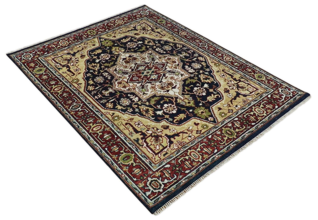 8x10 Hand Knotted Navy Blue, Ivory and Rust Traditional Vintage Heriz Serapi Antique Wool Rug | TRDCP559810