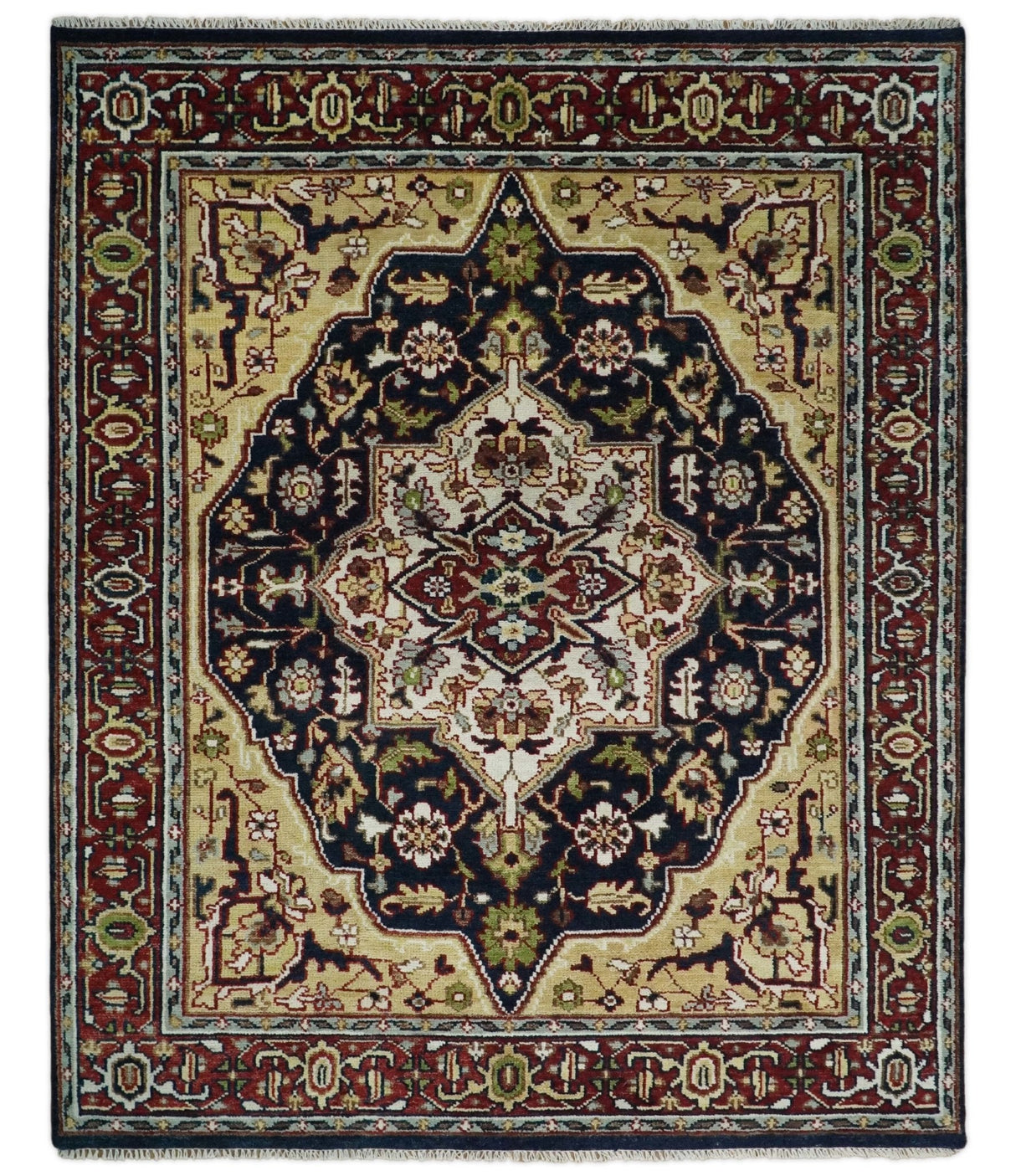 8x10 Hand Knotted Navy Blue, Ivory and Rust Traditional Vintage Heriz Serapi Antique Wool Rug | TRDCP559810