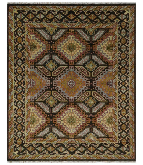 8x10 Hand Knotted Olive, Gold, Black and Brown Oriental Traditional Wool Area Rug