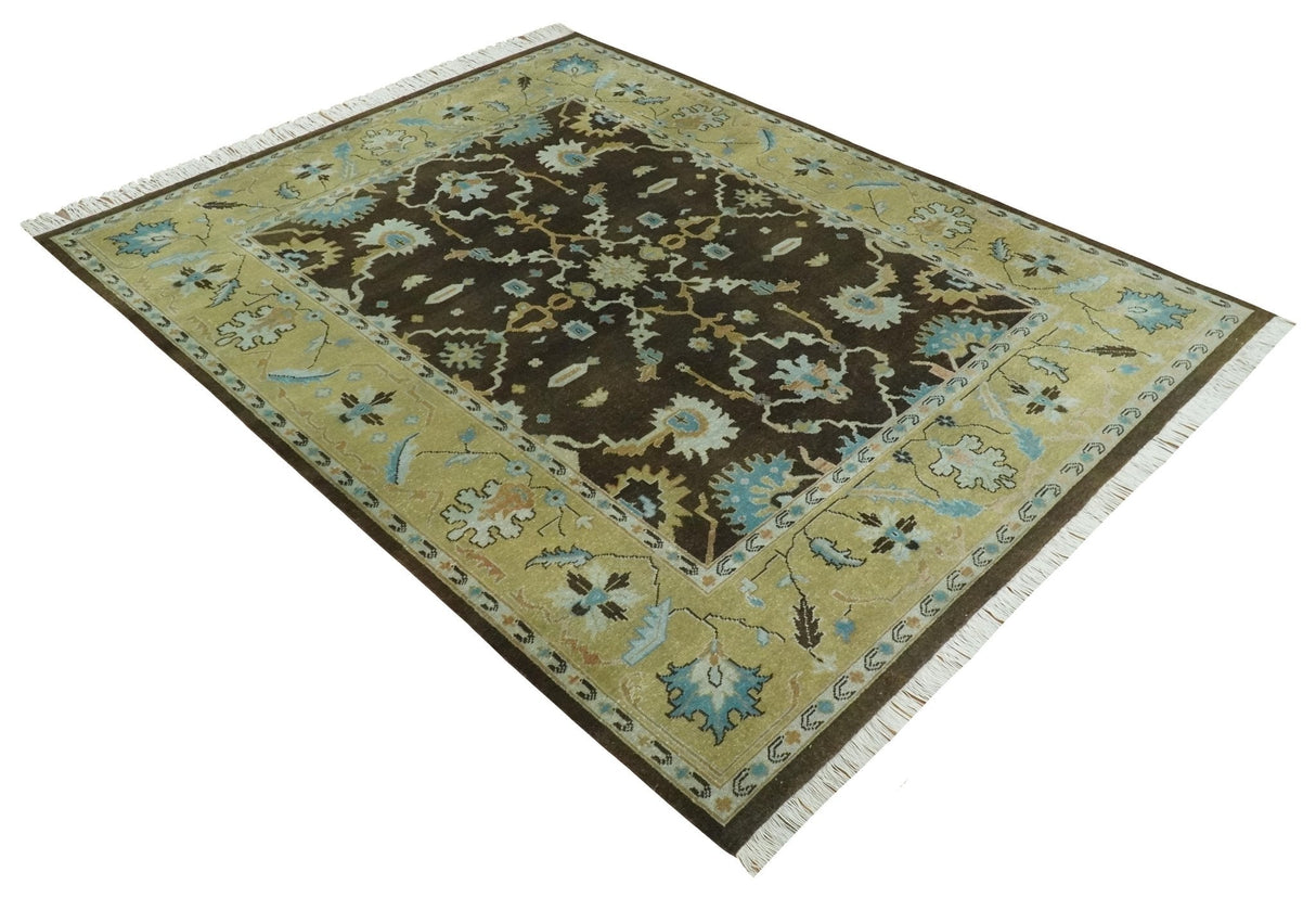 8x10 Hand Knotted Olive and Green Traditional Persian Oushak Wool Rug | AC3810