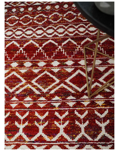 8x10 Hand Knotted Red and White Modern Contemporary Southwestern Tribal Trellis Recycled Silk Area Rug | TRDOP2