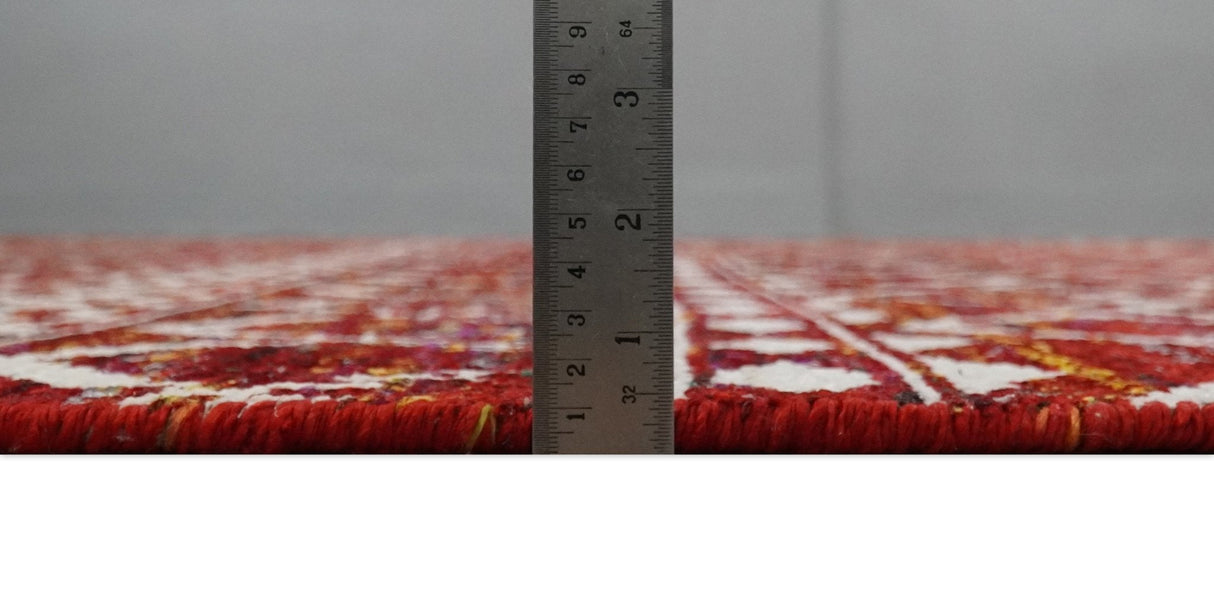 8x10 Hand Knotted Red and White Modern Contemporary Southwestern Tribal Trellis Recycled Silk Area Rug | TRDOP2