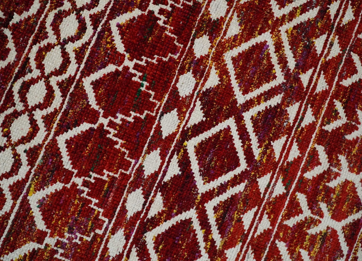 8x10 Hand Knotted Red and White Modern Contemporary Southwestern Tribal Trellis Recycled Silk Area Rug | TRDOP2
