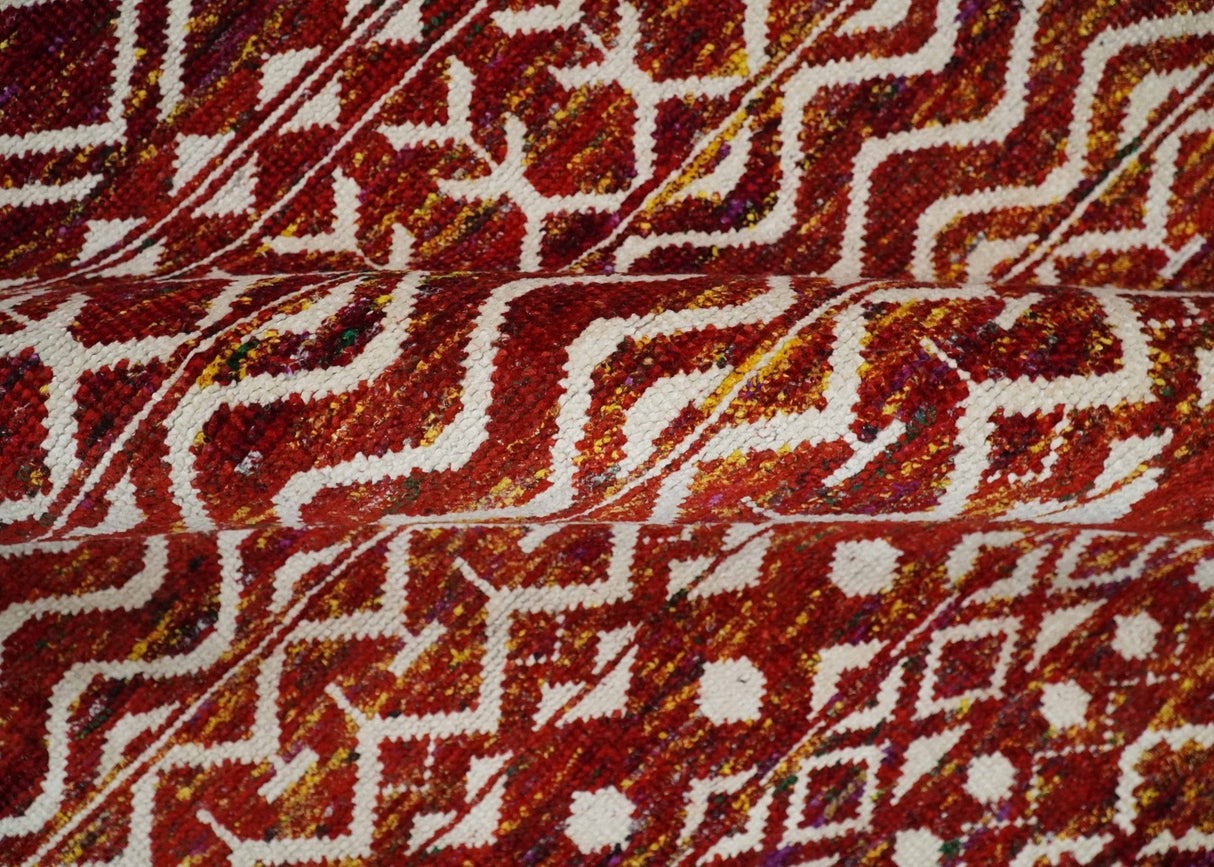 8x10 Hand Knotted Red and White Modern Contemporary Southwestern Tribal Trellis Recycled Silk Area Rug | TRDOP2
