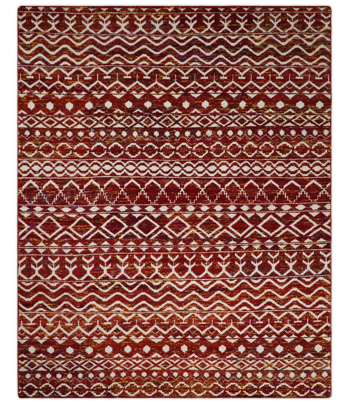 8x10 Hand Knotted Red and White Modern Contemporary Southwestern Tribal Trellis Recycled Silk Area Rug | TRDOP2