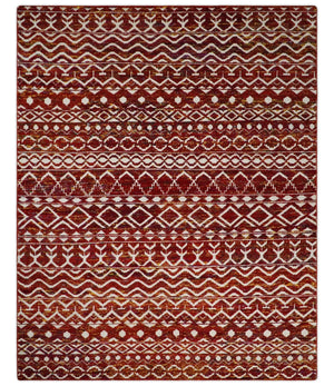 8x10 Hand Knotted Red and White Modern Contemporary Southwestern Tribal Trellis Recycled Silk Area Rug | TRDOP2