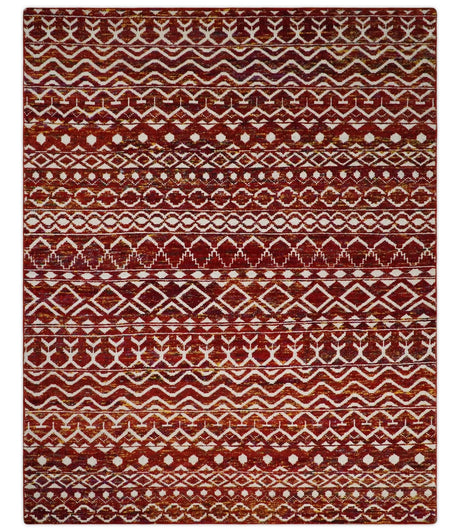 8x10 Hand Knotted Red and White Modern Contemporary Southwestern Tribal Trellis Recycled Silk Area Rug | TRDOP2