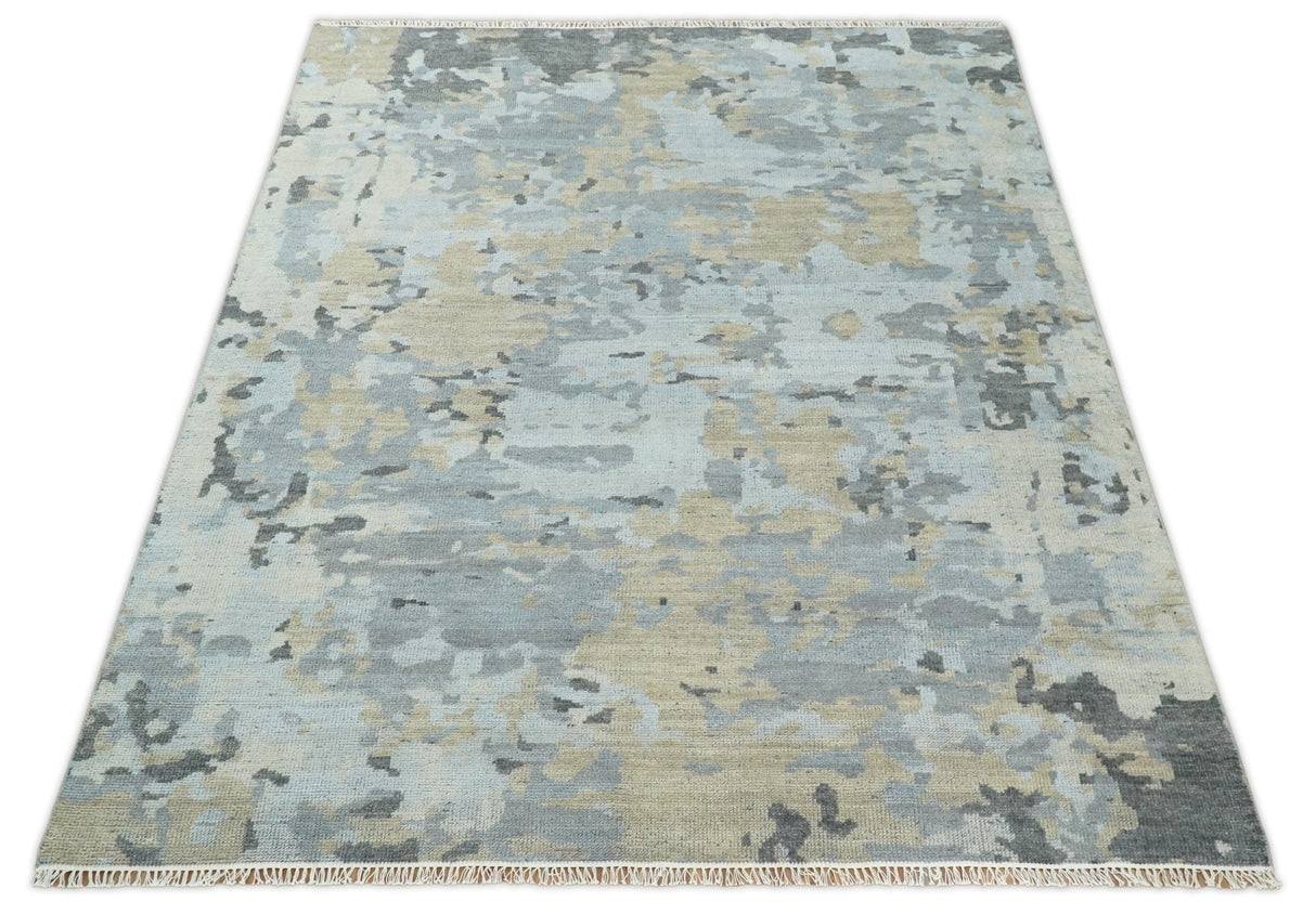 8x10 Hand Knotted Silver and Beige Modern Abstract Low Pile Contemporary Wool Rug | TRD2652