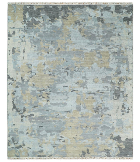 8x10 Hand Knotted Silver and Beige Modern Abstract Low Pile Contemporary Wool Rug | TRD2652