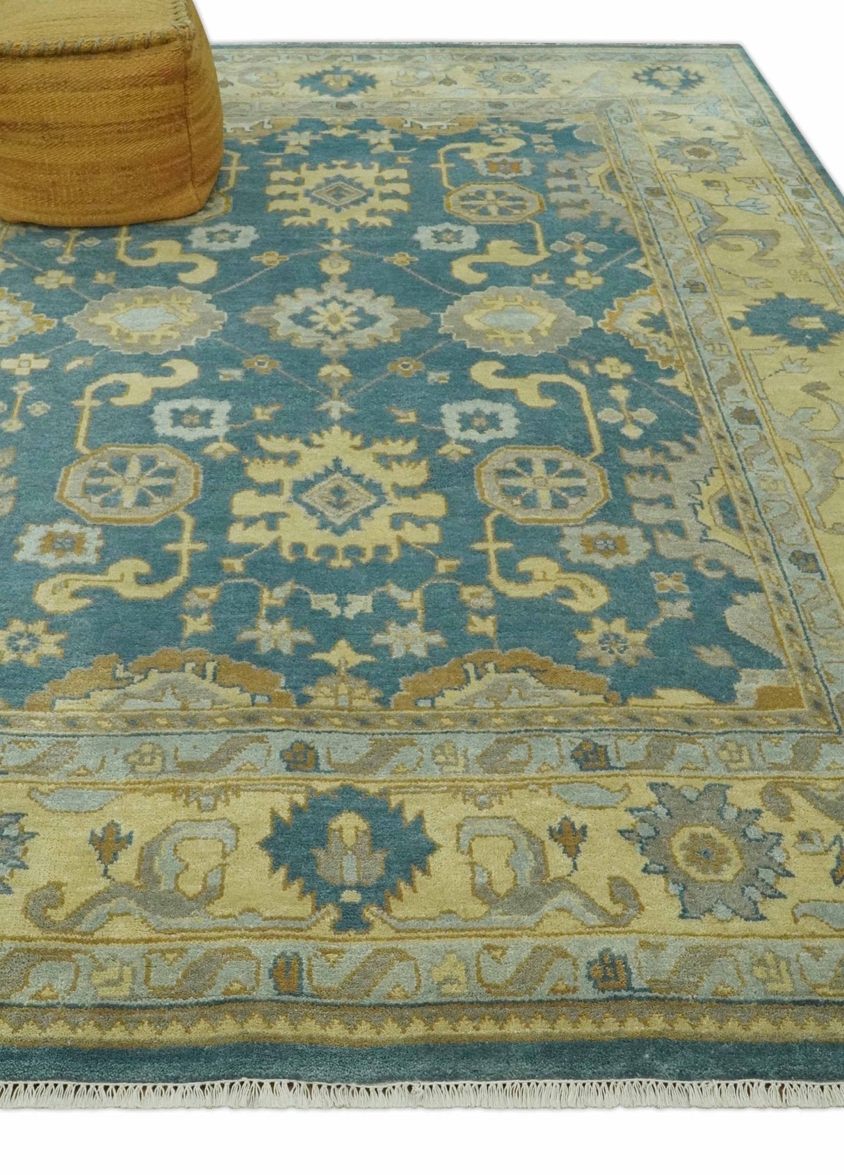 8x10 Hand Knotted Teal and Olive Traditional Oriental Oushak wool area rug