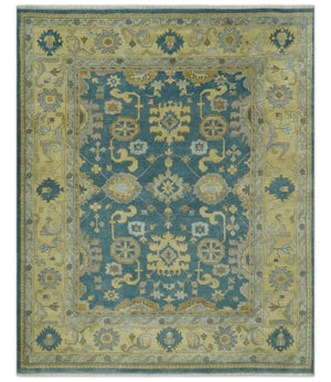 8x10 Hand Knotted Teal and Olive Traditional Oriental Oushak wool area rug