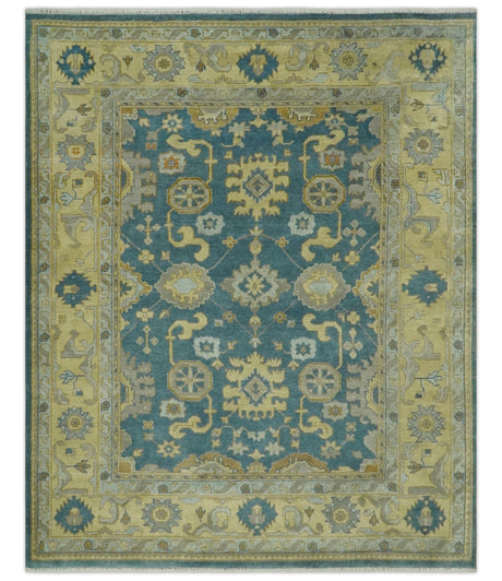 8x10 Hand Knotted Teal and Olive Traditional Oriental Oushak wool area rug