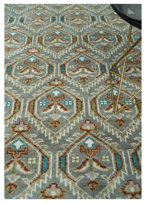 8x10 Hand Knotted Turkish Style Silver, Ivory and Rust Traditional Pile Area Rug, Repeat Design