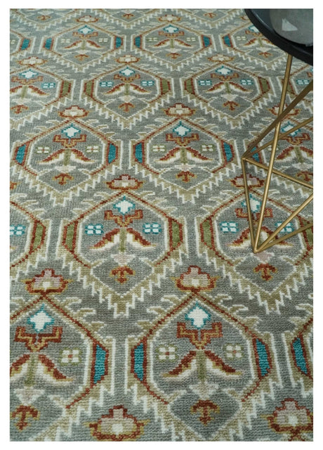 8x10 Hand Knotted Turkish Style Silver, Ivory and Rust Traditional Pile Area Rug, Repeat Design