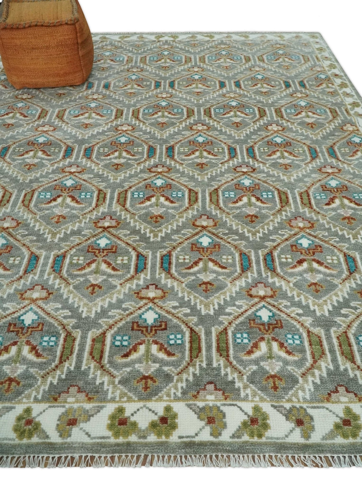 8x10 Hand Knotted Turkish Style Silver, Ivory and Rust Traditional Pile Area Rug, Repeat Design