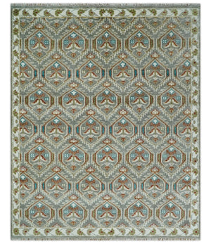 8x10 Hand Knotted Turkish Style Silver, Ivory and Rust Traditional Pile Area Rug, Repeat Design