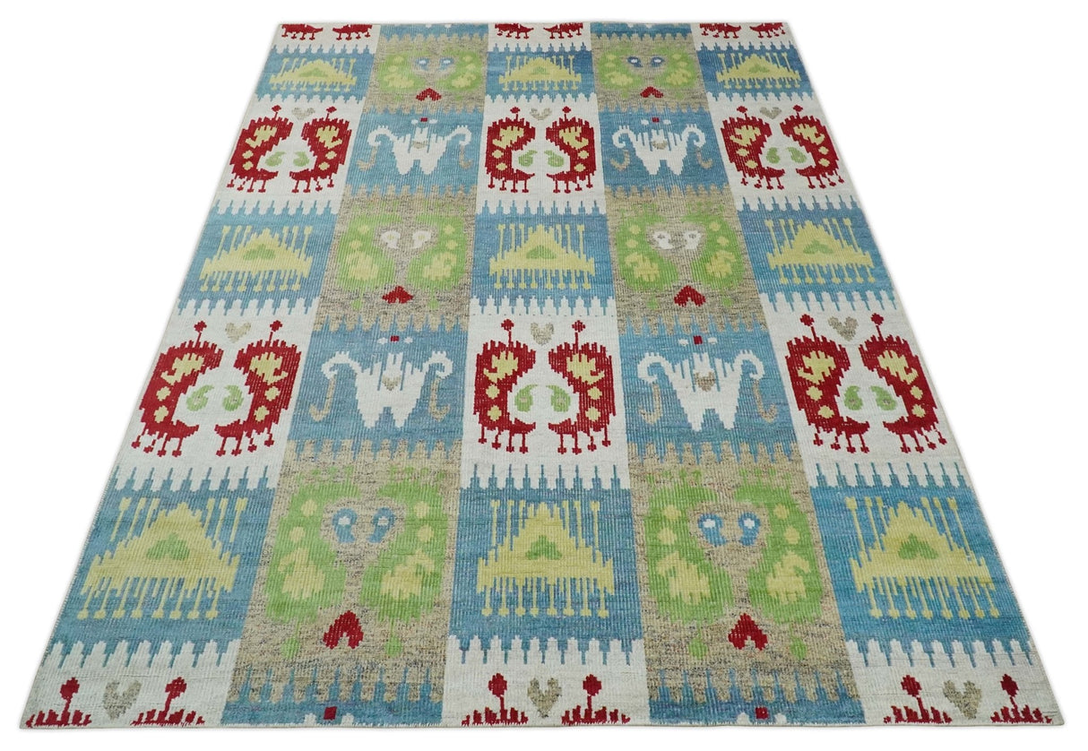 8x10 Hand Knotted White, Blue and Rust Modern Tribal Style Contemporary Recycled Silk Area Rug | OP45