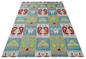 8x10 Hand Knotted White, Blue and Rust Modern Tribal Style Contemporary Recycled Silk Area Rug | OP45