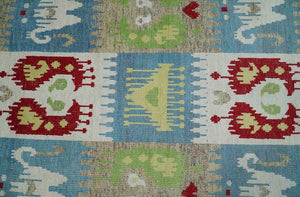 8x10 Hand Knotted White, Blue and Rust Modern Tribal Style Contemporary Recycled Silk Area Rug | OP45