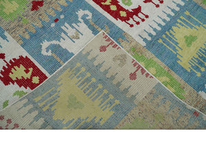 8x10 Hand Knotted White, Blue and Rust Modern Tribal Style Contemporary Recycled Silk Area Rug | OP45