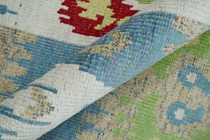 8x10 Hand Knotted White, Blue and Rust Modern Tribal Style Contemporary Recycled Silk Area Rug | OP45
